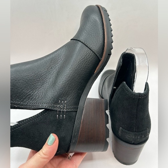 Sorel Women's Cate Cut Out Ankle Boot Black Leather & Suede Stack Heel Size 7.5 - Picture 10 of 12